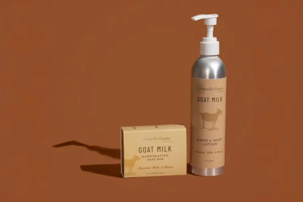 Friendly Goods Company's Oatmeal Milk and Honey Lotion and Soap Bar Displayed against a camel brown background