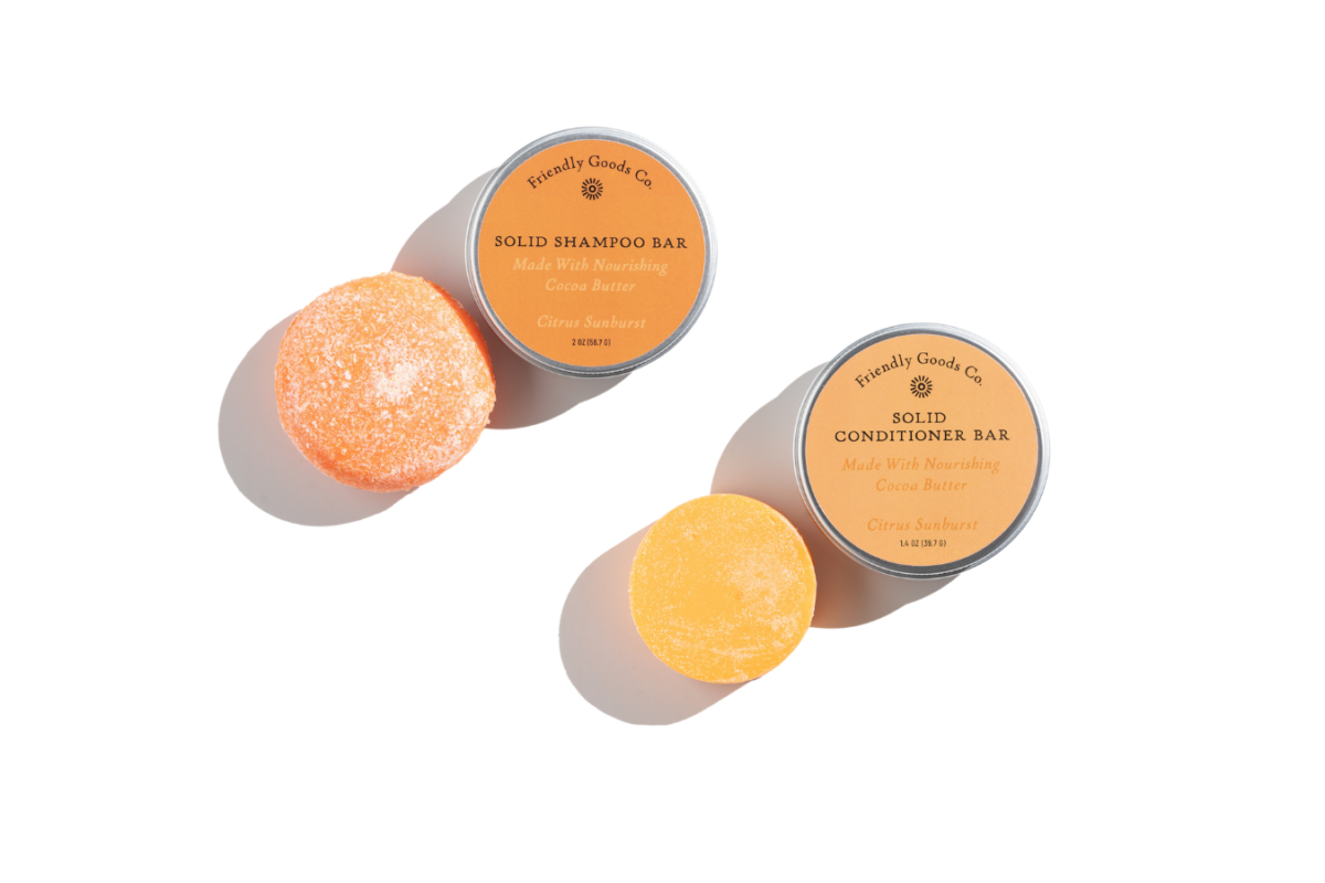 Citrus Sunburst Shampoo and Conditioner Bars in and out of packaging on a white background with shadow