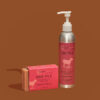 Almond & Cherry Fragrance Lotion and Soap Bar on a brown background