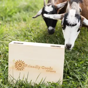 Two goats sniffing a wooden carrying case that has the Friendly Goods logo burned into it