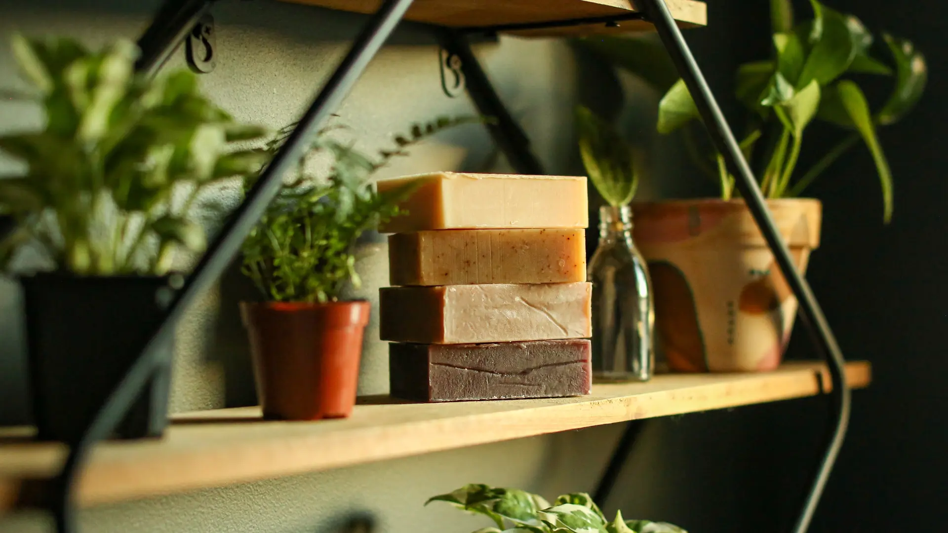 Friendly Goods goat milk soap bars, unwrapped, stacked on a shelf filled with plants